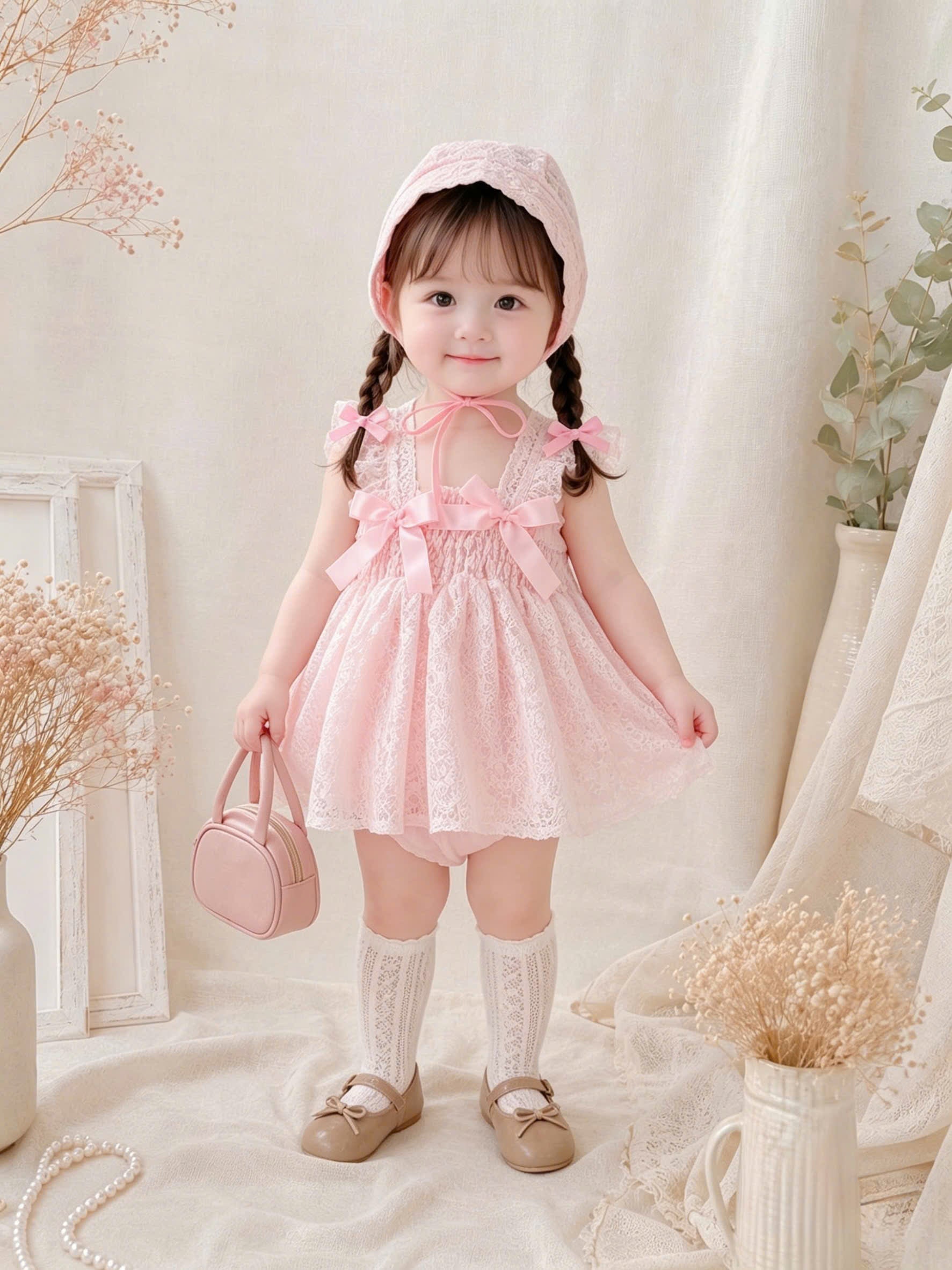 Baby Pink Belle Romper Dress NB–12M | Lace Baby Romper Dress with Bonnet | Birthday & Photoshoot Outfit