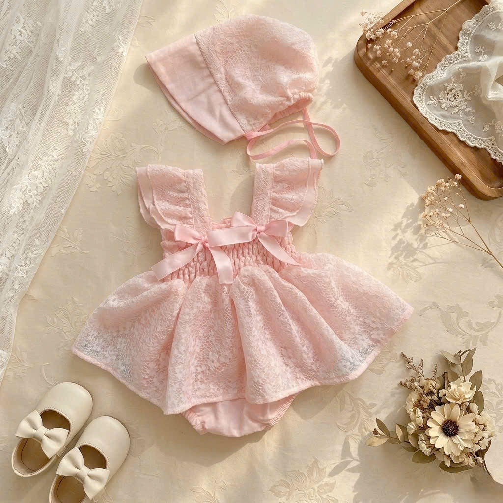 Baby Pink Belle Romper Dress NB–12M | Lace Baby Romper Dress with Bonnet | Birthday & Photoshoot Outfit