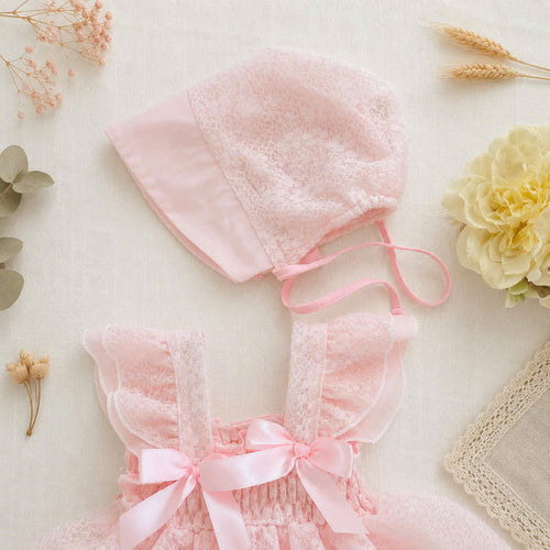 Baby Pink Belle Romper Dress NB–12M | Lace Baby Romper Dress with Bonnet | Birthday & Photoshoot Outfit