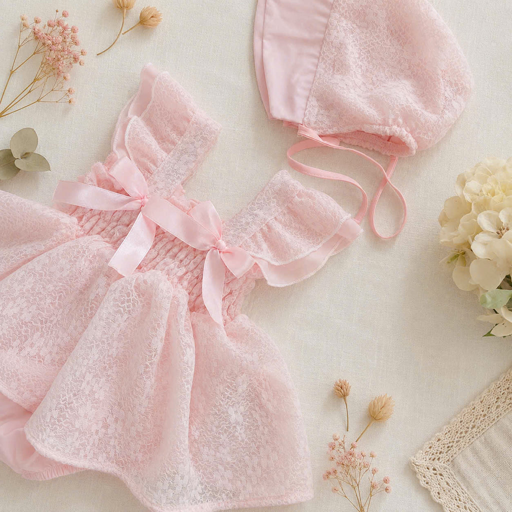 Baby Pink Belle Romper Dress NB–12M | Lace Baby Romper Dress with Bonnet | Birthday & Photoshoot Outfit