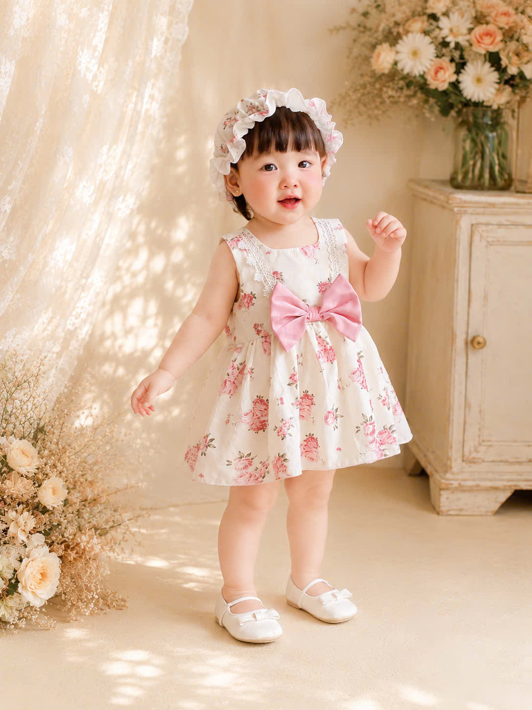 Rose Garden Romper Dress NB–12M | Floral Baby Romper Dress with Bonnet | Birthday & Photoshoot Outfit