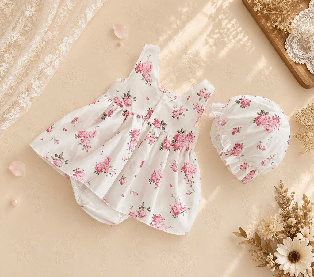 Rose Garden Romper Dress NB–12M | Floral Baby Romper Dress with Bonnet | Birthday & Photoshoot Outfit