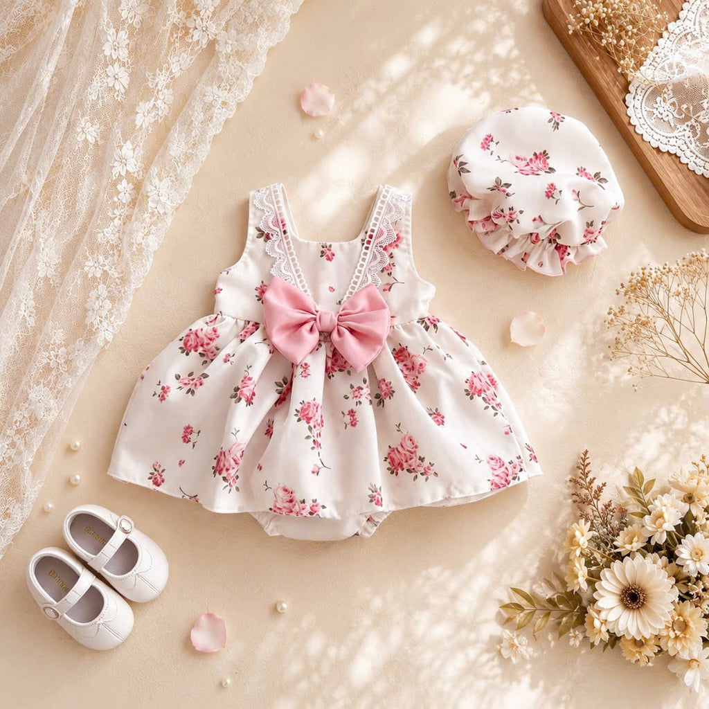 Rose Garden Romper Dress NB–12M | Floral Baby Romper Dress with Bonnet | Birthday & Photoshoot Outfit