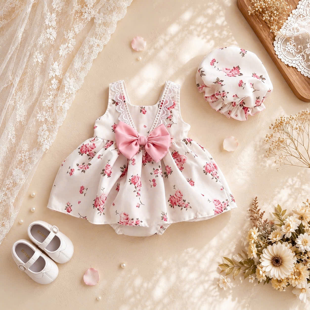 Rose Garden Romper Dress NB–12M | Floral Baby Romper Dress with Bonnet | Birthday & Photoshoot Outfit