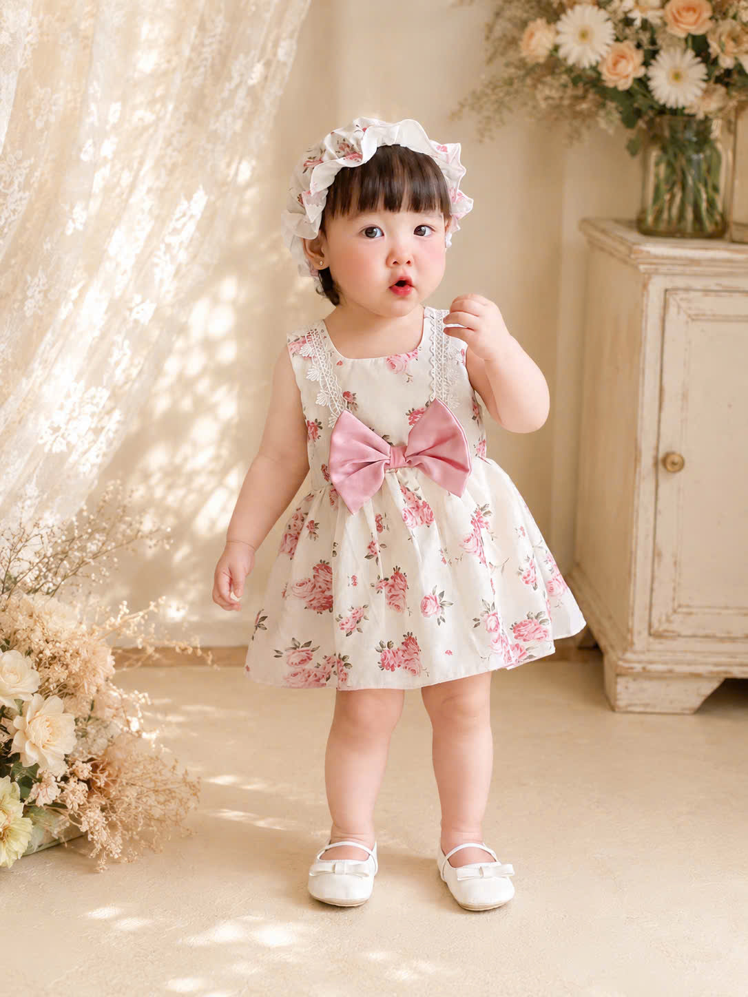 Rose Garden Romper Dress NB–12M | Floral Baby Romper Dress with Bonnet | Birthday & Photoshoot Outfit