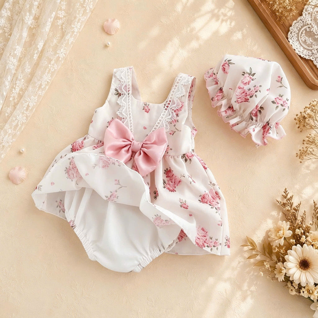 Rose Garden Romper Dress NB–12M | Floral Baby Romper Dress with Bonnet | Birthday & Photoshoot Outfit