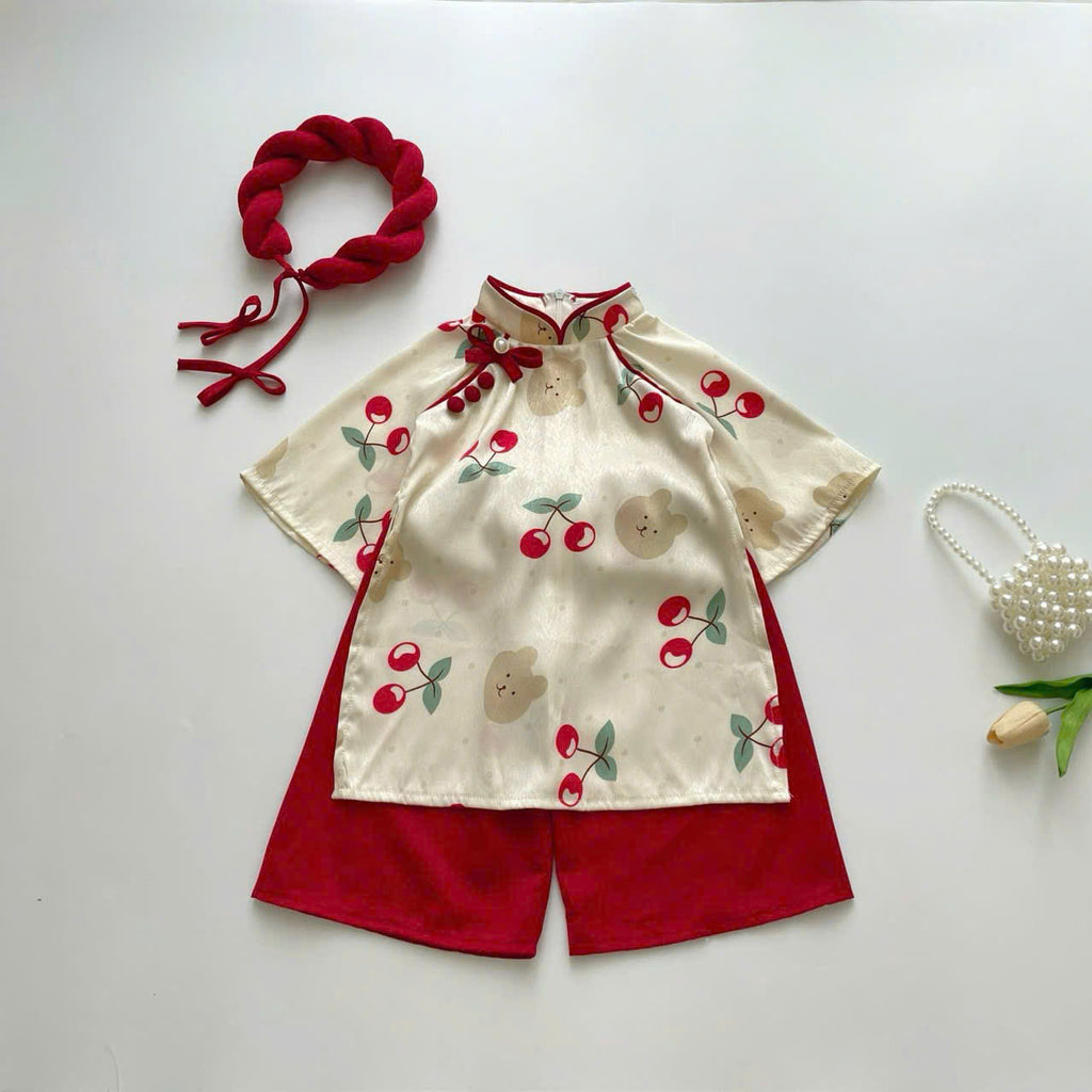 Vietnamese Cherry Blossom Bear Áo Dài with Soft Khăn Mấn NB-7Y | Premium Silk Traditional Outfit | Lunar New Year & Mid-Autumn Festival