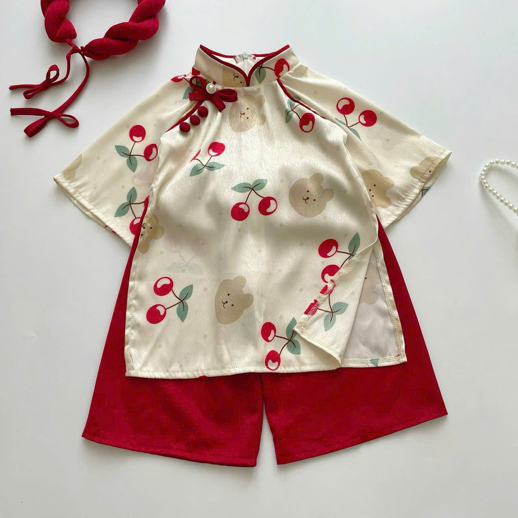 Vietnamese Cherry Blossom Bear Áo Dài with Soft Khăn Mấn NB-7Y | Premium Silk Traditional Outfit | Lunar New Year & Mid-Autumn Festival