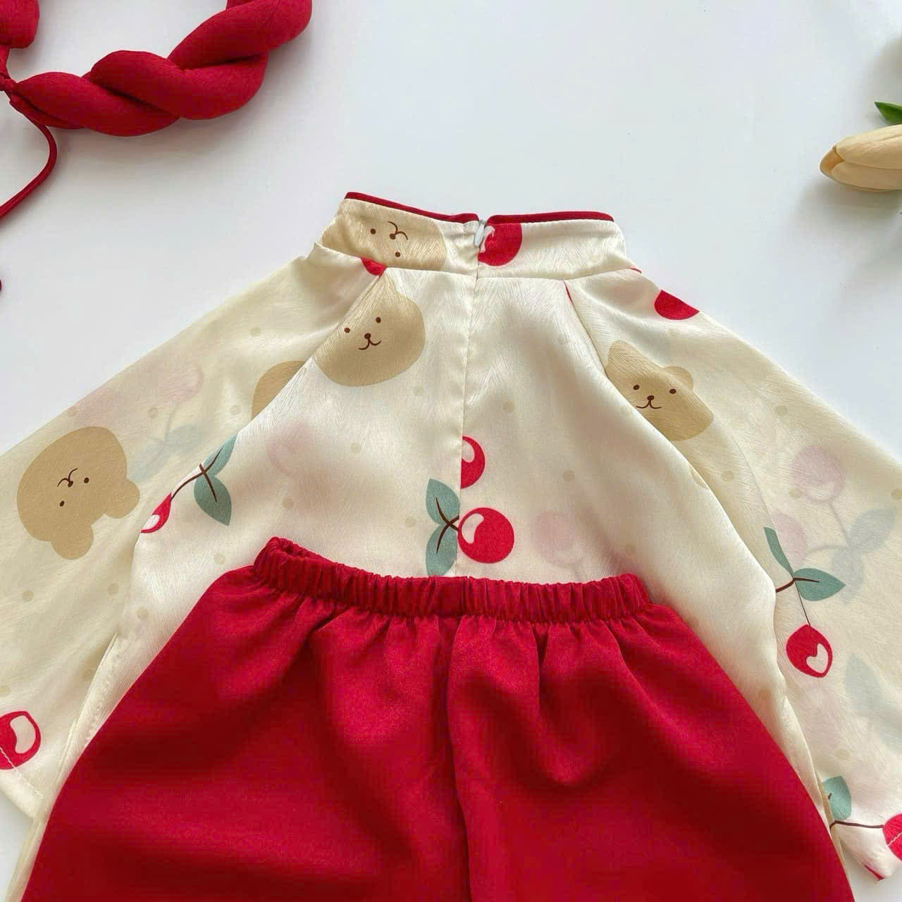 Vietnamese Cherry Blossom Bear Áo Dài with Soft Khăn Mấn NB-7Y | Premium Silk Traditional Outfit | Lunar New Year & Mid-Autumn Festival