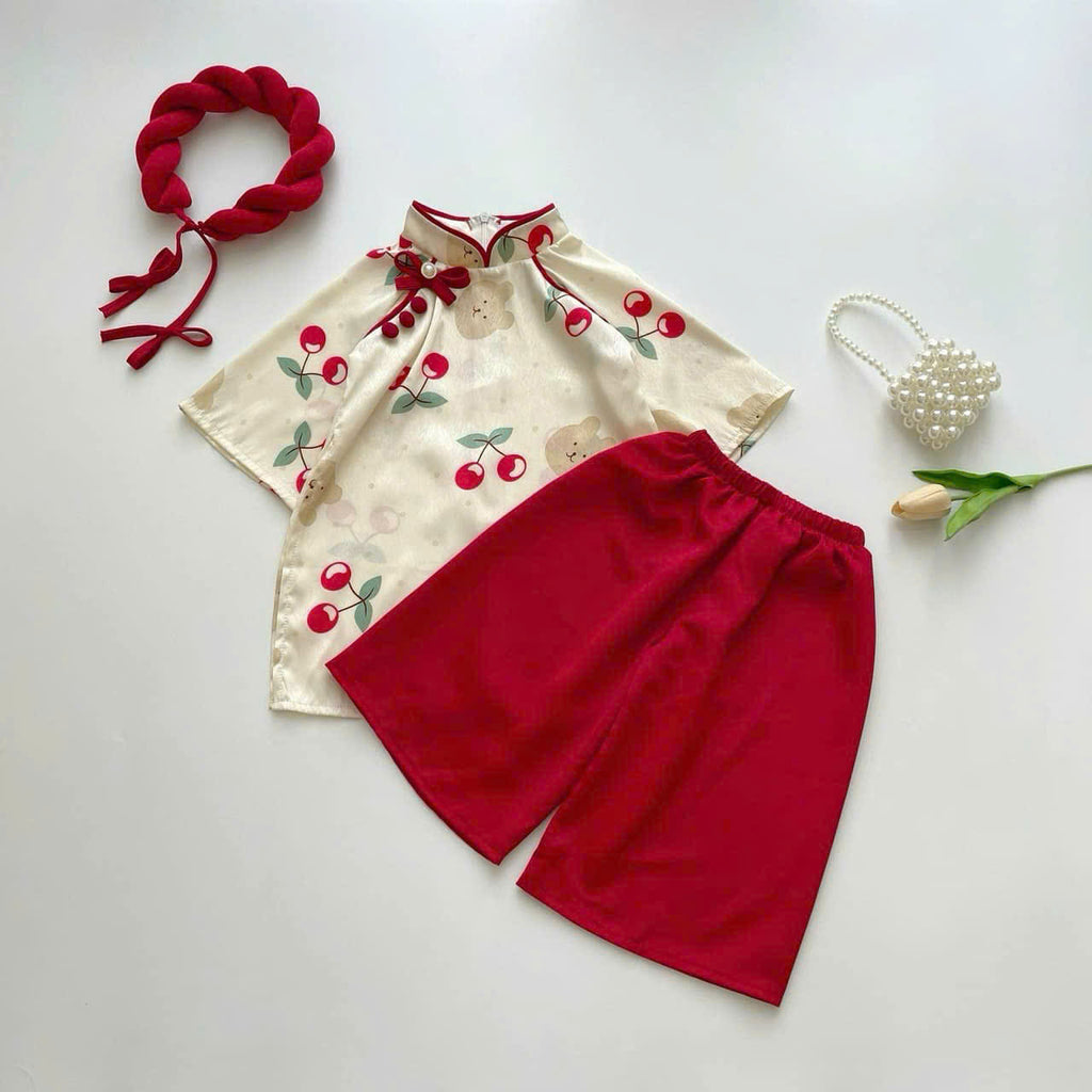 Vietnamese Cherry Blossom Bear Áo Dài with Soft Khăn Mấn NB-7Y | Premium Silk Traditional Outfit | Lunar New Year & Mid-Autumn Festival