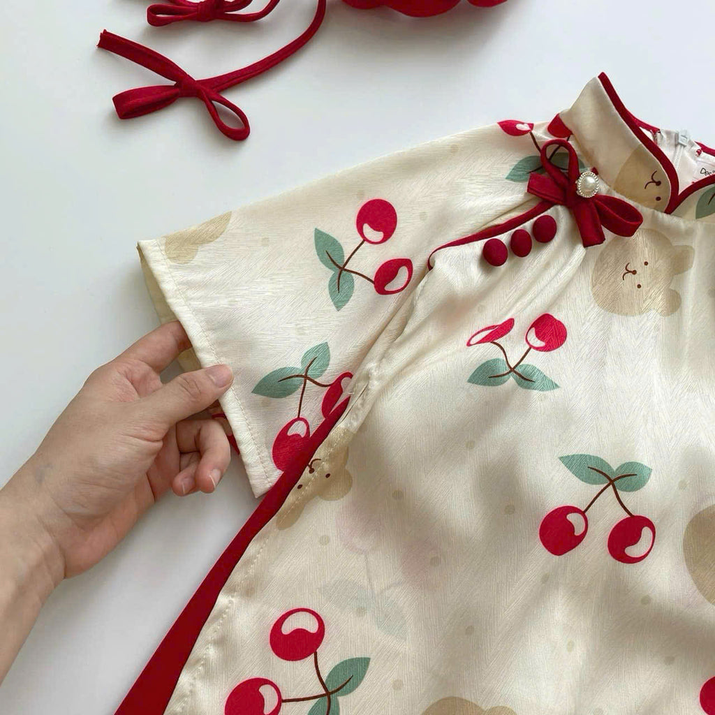 Vietnamese Cherry Blossom Bear Áo Dài with Soft Khăn Mấn NB-7Y | Premium Silk Traditional Outfit | Lunar New Year & Mid-Autumn Festival