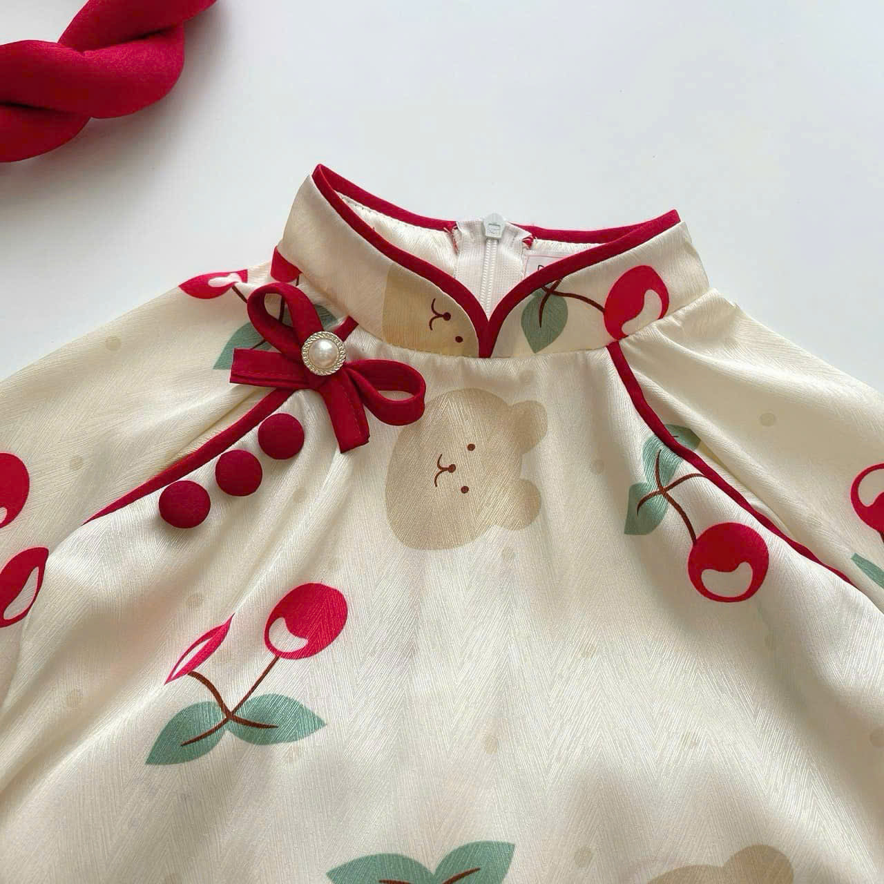 Vietnamese Cherry Blossom Bear Áo Dài with Soft Khăn Mấn NB-7Y | Premium Silk Traditional Outfit | Lunar New Year & Mid-Autumn Festival
