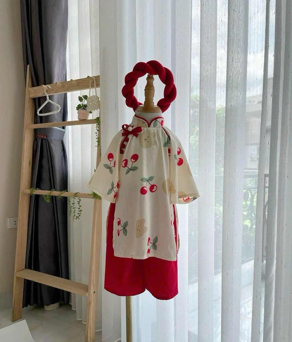 Vietnamese Cherry Blossom Bear Áo Dài with Soft Khăn Mấn NB-7Y | Premium Silk Traditional Outfit | Lunar New Year & Mid-Autumn Festival