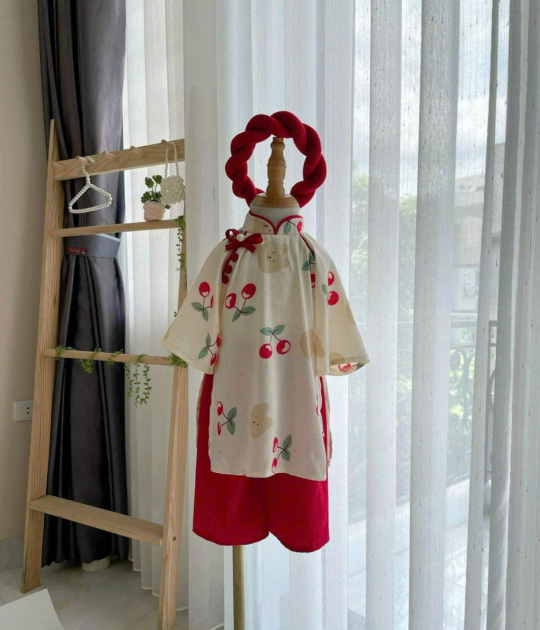 Vietnamese Cherry Blossom Bear Áo Dài with Soft Khăn Mấn NB-7Y | Premium Silk Traditional Outfit | Lunar New Year & Mid-Autumn Festival