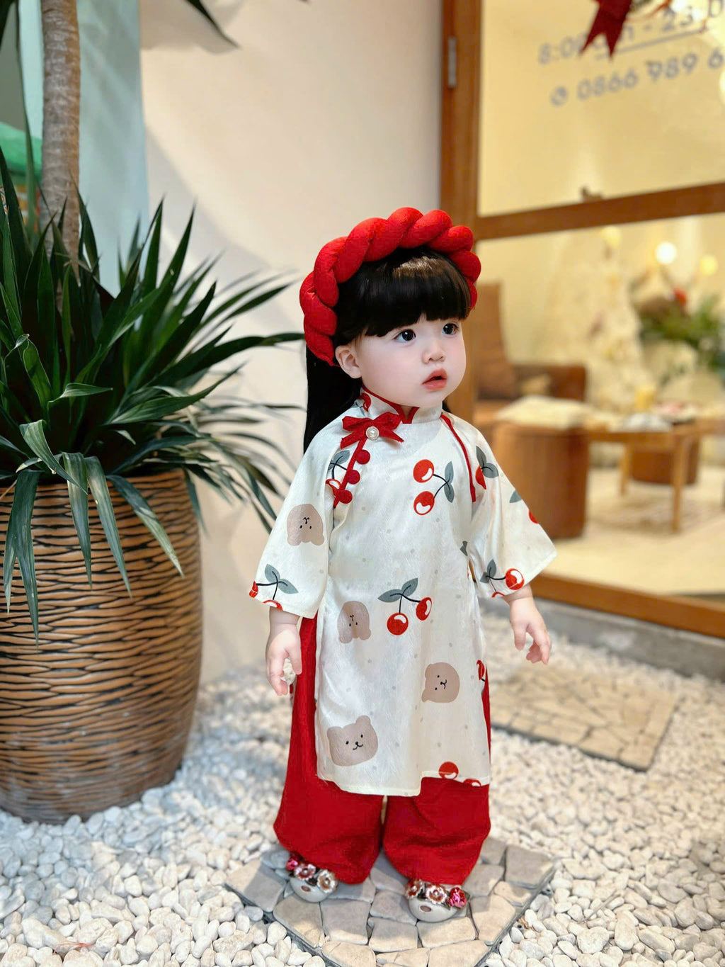Vietnamese Cherry Blossom Bear Áo Dài with Soft Khăn Mấn NB-7Y | Premium Silk Traditional Outfit | Lunar New Year & Mid-Autumn Festival