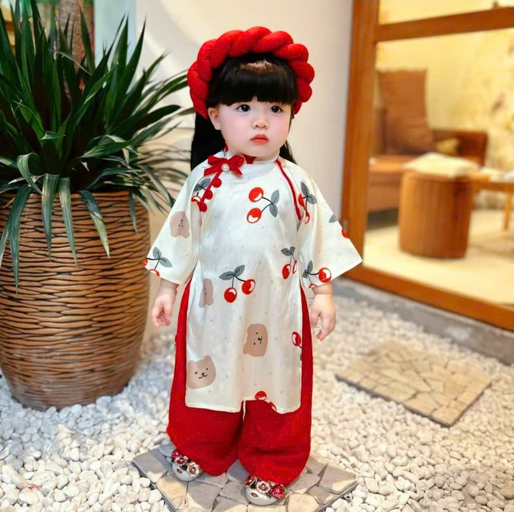 Vietnamese Cherry Blossom Bear Áo Dài with Soft Khăn Mấn NB-7Y | Premium Silk Traditional Outfit | Lunar New Year & Mid-Autumn Festival
