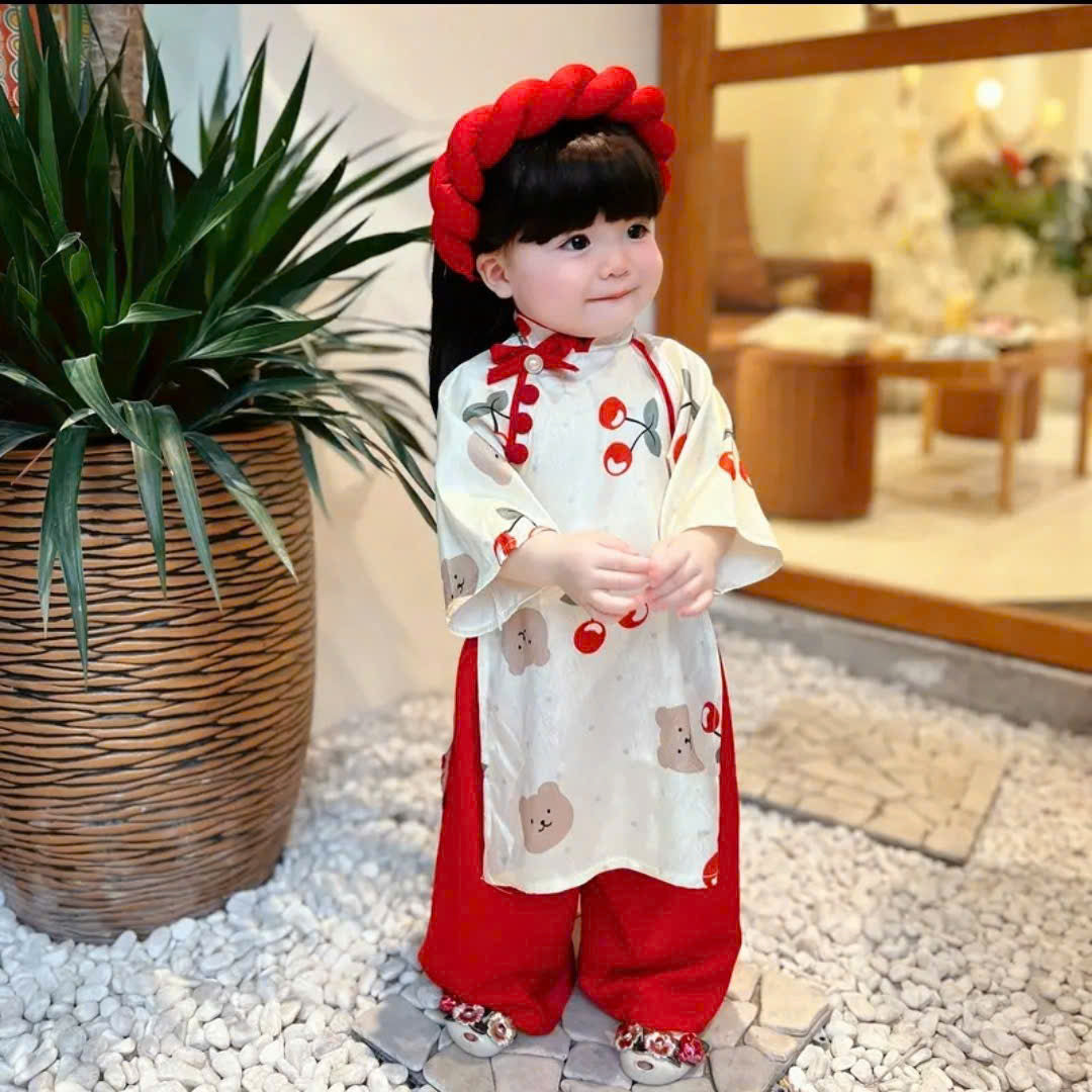Vietnamese Cherry Blossom Bear Áo Dài with Soft Khăn Mấn NB-7Y | Premium Silk Traditional Outfit | Lunar New Year & Mid-Autumn Festival