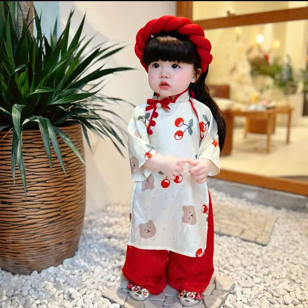 Vietnamese Cherry Blossom Bear Áo Dài with Soft Khăn Mấn NB-7Y | Premium Silk Traditional Outfit | Lunar New Year & Mid-Autumn Festival