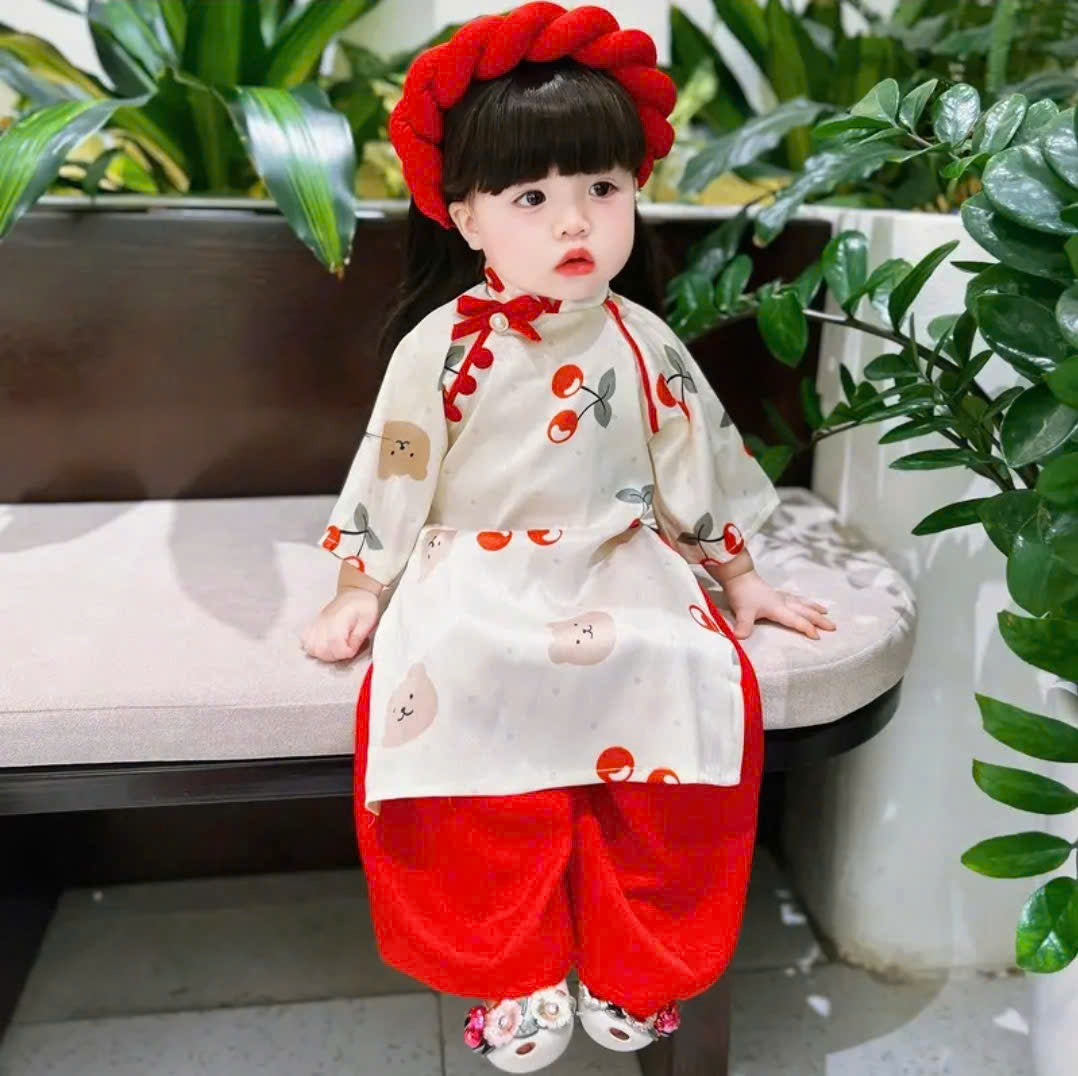 Vietnamese Cherry Blossom Bear Áo Dài with Soft Khăn Mấn NB-7Y | Premium Silk Traditional Outfit | Lunar New Year & Mid-Autumn Festival