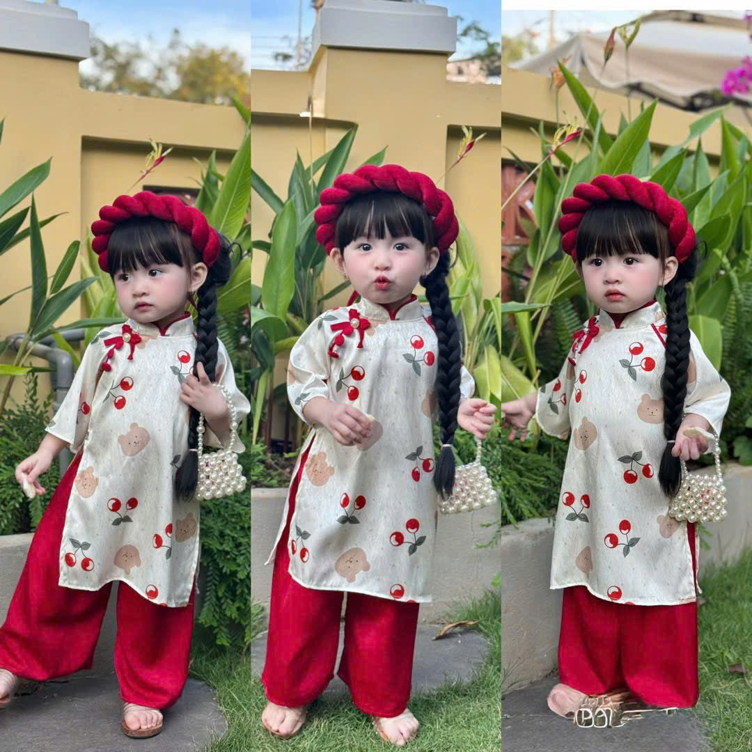 Vietnamese Cherry Blossom Bear Áo Dài with Soft Khăn Mấn NB-7Y | Premium Silk Traditional Outfit | Lunar New Year & Mid-Autumn Festival