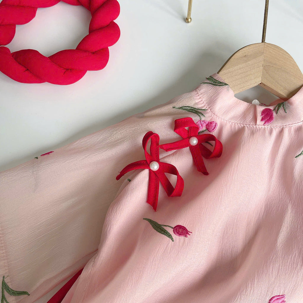 Blush Blossom Áo Dài & Soft Khăn Mấn Set (6M–3Y) | Floral Embroidered Vietnamese Traditional Outfit | Tết & Special Occasion Wear