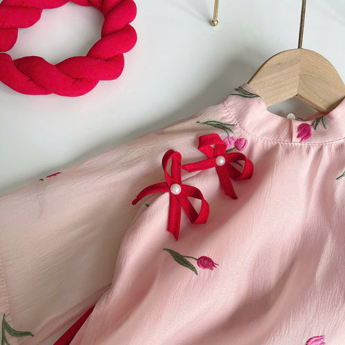 Blush Blossom Áo Dài & Soft Khăn Mấn Set (6Months–3Years) | Floral Embroidered Vietnamese Traditional Outfit | Tết & Special Occasion Wear