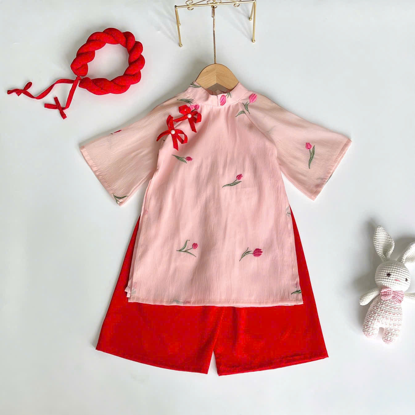 Blush Blossom Áo Dài & Soft Khăn Mấn Set (6M–3Y) | Floral Embroidered Vietnamese Traditional Outfit | Tết & Special Occasion Wear