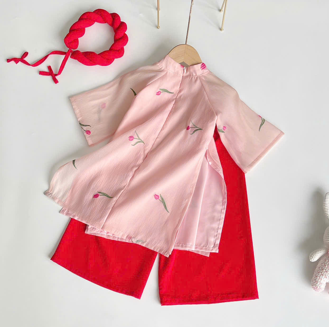 Blush Blossom Áo Dài & Soft Khăn Mấn Set (6M–3Y) | Floral Embroidered Vietnamese Traditional Outfit | Tết & Special Occasion Wear