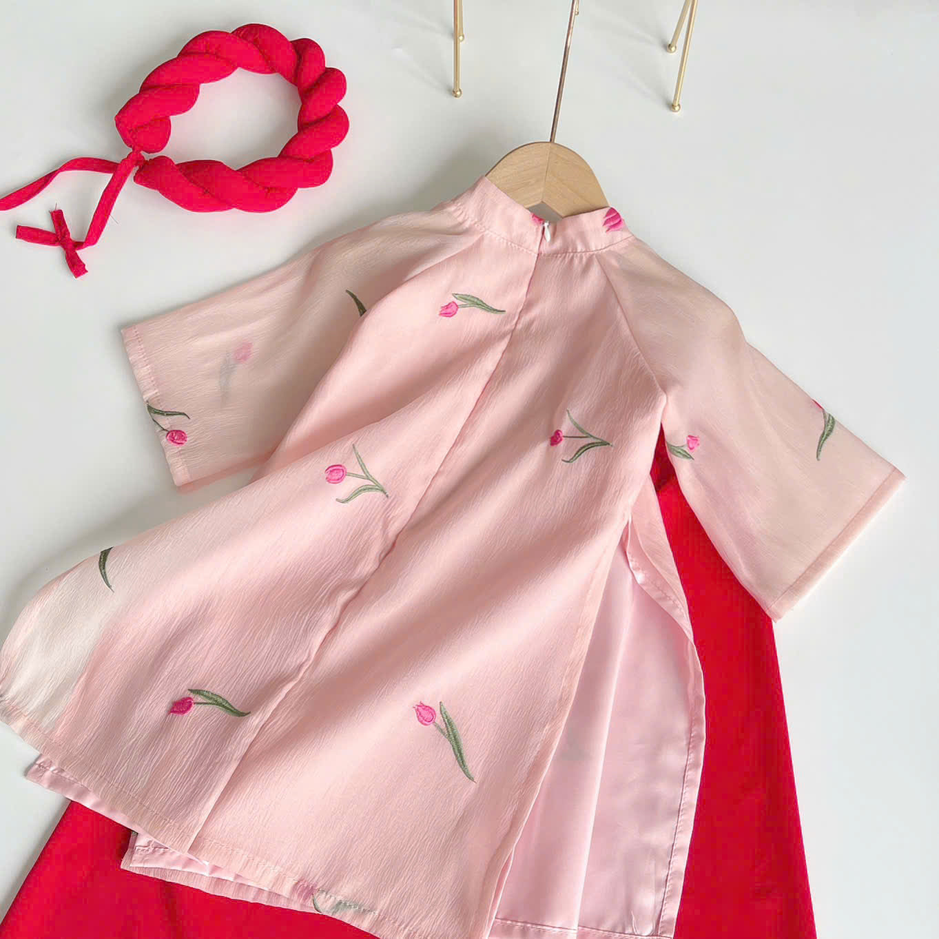 Blush Blossom Áo Dài & Soft Khăn Mấn Set (6M–3Y) | Floral Embroidered Vietnamese Traditional Outfit | Tết & Special Occasion Wear