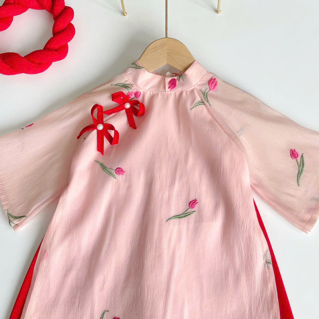 Blush Blossom Áo Dài & Soft Khăn Mấn Set (6M–3Y) | Floral Embroidered Vietnamese Traditional Outfit | Tết & Special Occasion Wear