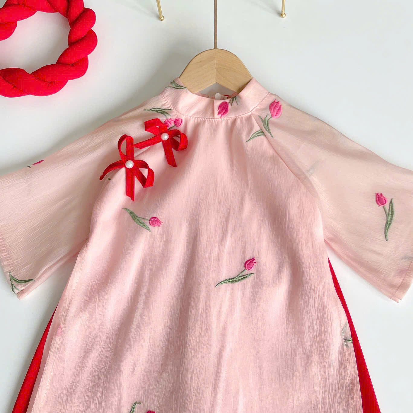 Blush Blossom Áo Dài & Soft Khăn Mấn Set (6M–3Y) | Floral Embroidered Vietnamese Traditional Outfit | Tết & Special Occasion Wear