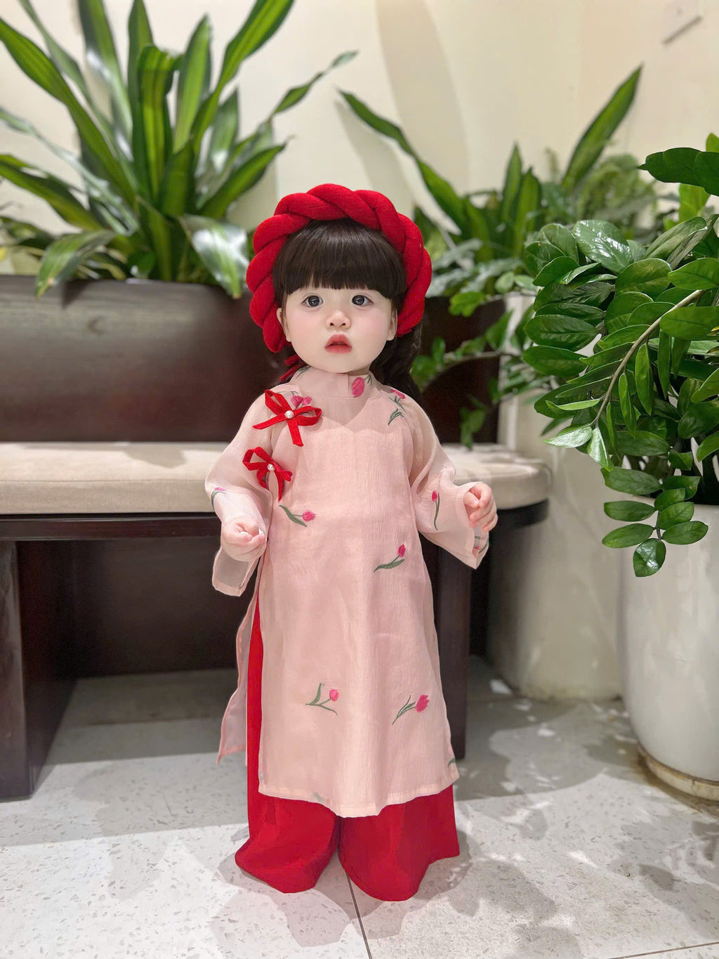 Blush Blossom Áo Dài & Soft Khăn Mấn Set (6M–3Y) | Floral Embroidered Vietnamese Traditional Outfit | Tết & Special Occasion Wear