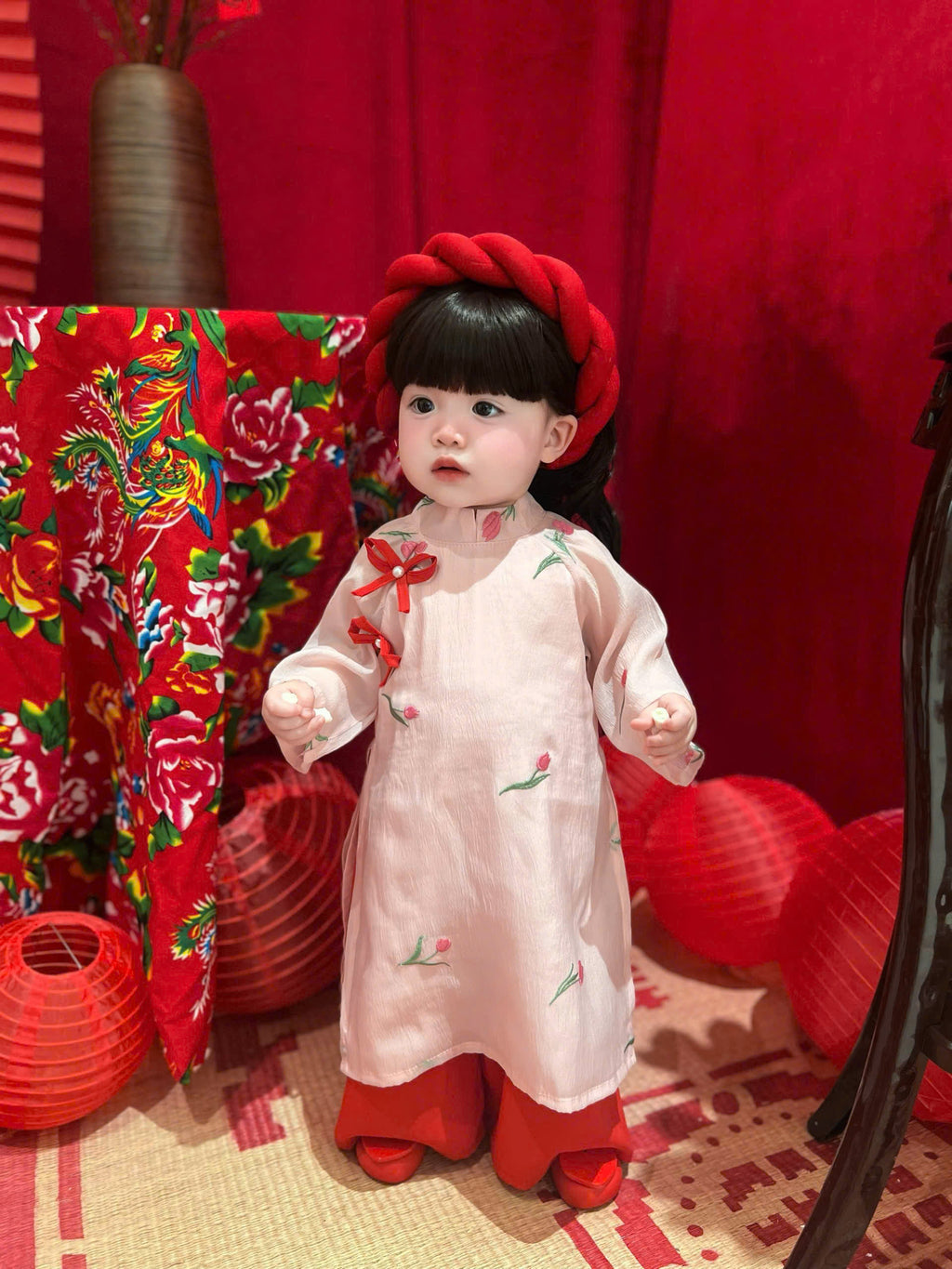 Blush Blossom Áo Dài & Soft Khăn Mấn Set (6M–3Y) | Floral Embroidered Vietnamese Traditional Outfit | Tết & Special Occasion Wear