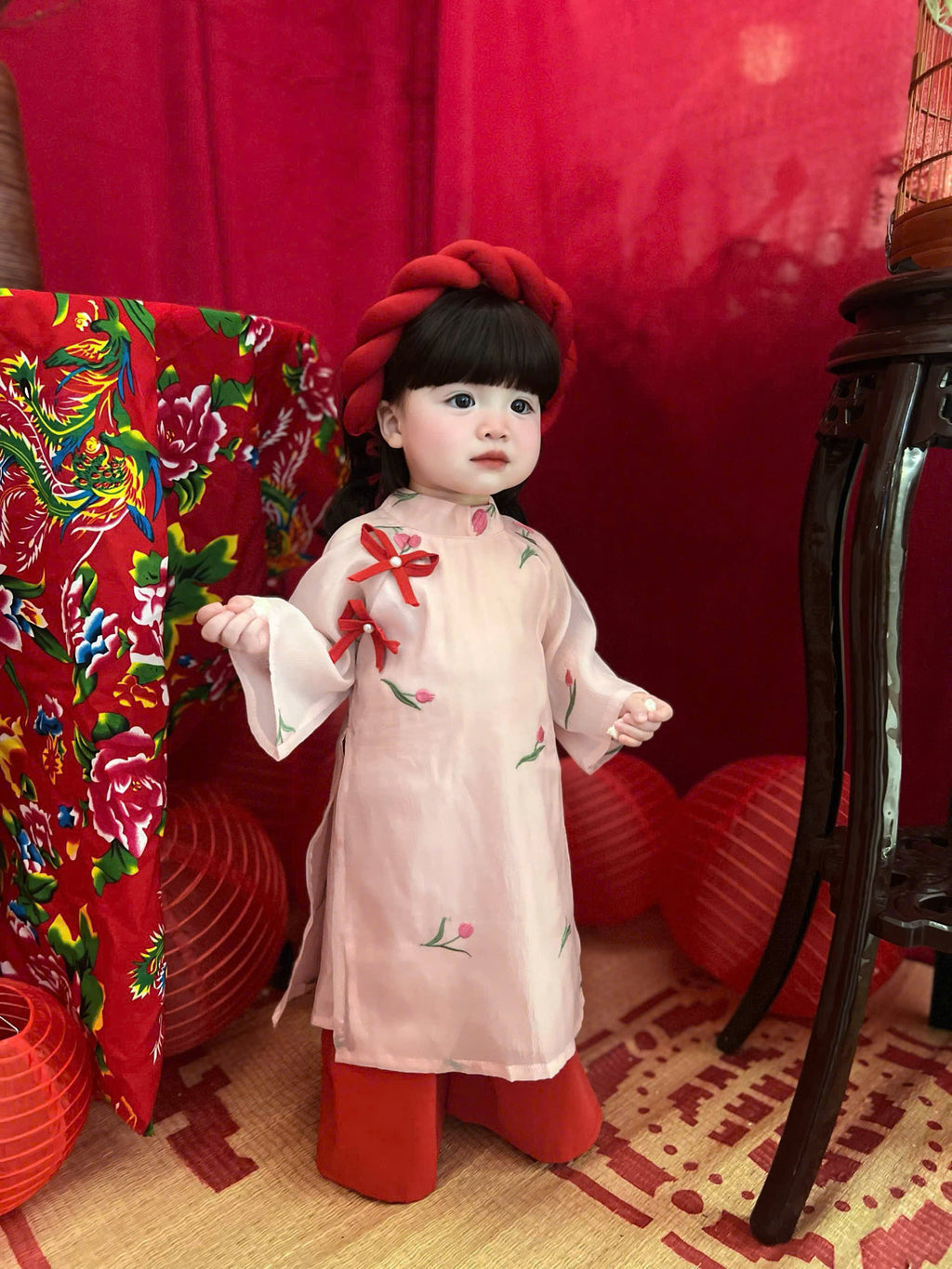 Blush Blossom Áo Dài & Soft Khăn Mấn Set (6M–3Y) | Floral Embroidered Vietnamese Traditional Outfit | Tết & Special Occasion Wear