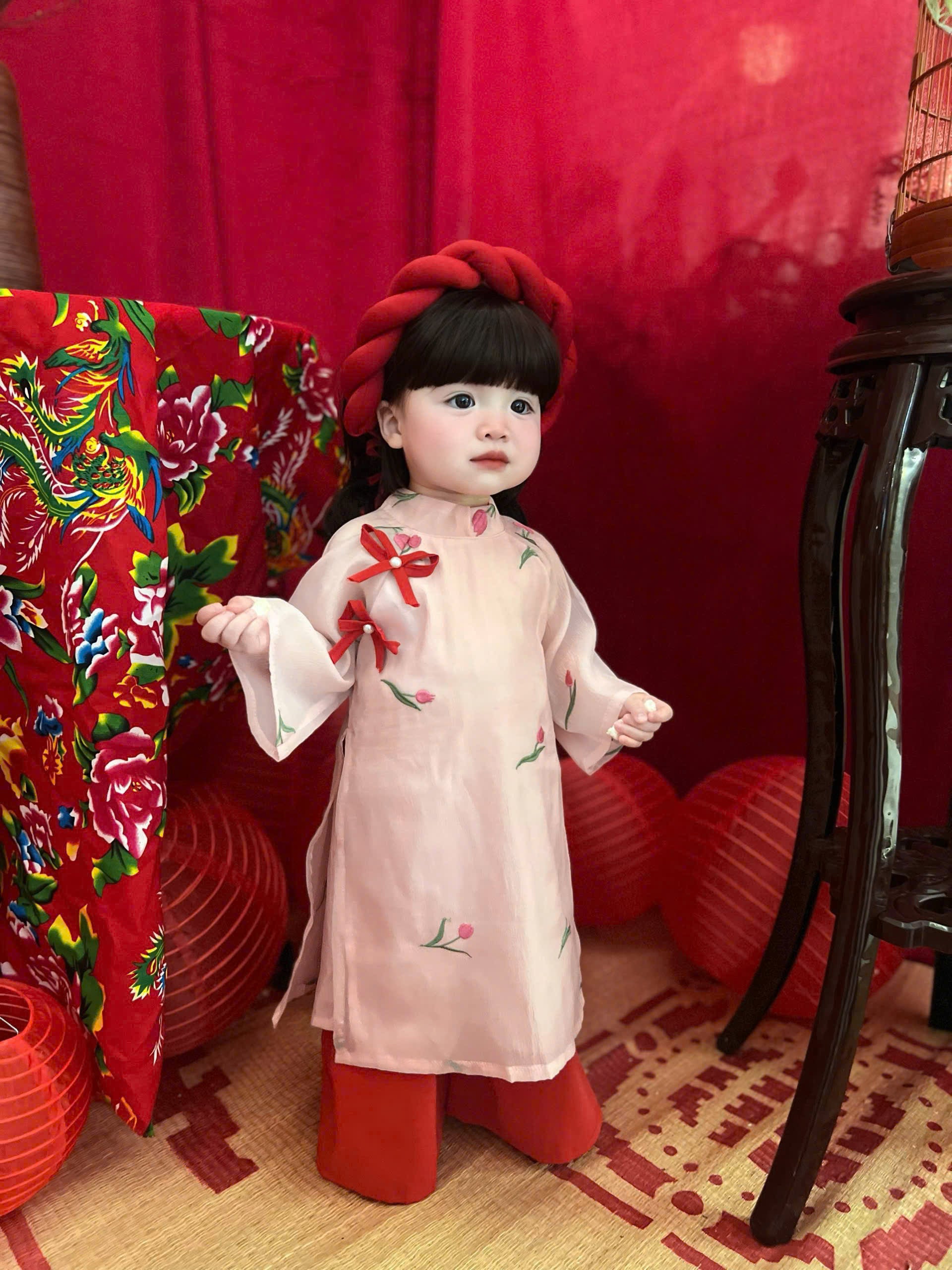 Blush Blossom Áo Dài & Soft Khăn Mấn Set (6M–3Y) | Floral Embroidered Vietnamese Traditional Outfit | Tết & Special Occasion Wear