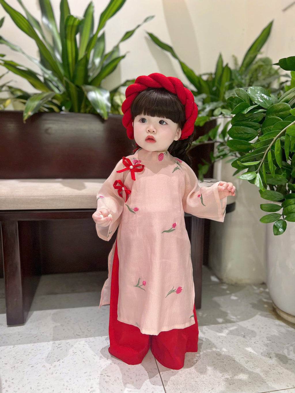 Blush Blossom Áo Dài & Soft Khăn Mấn Set (6M–3Y) | Floral Embroidered Vietnamese Traditional Outfit | Tết & Special Occasion Wear