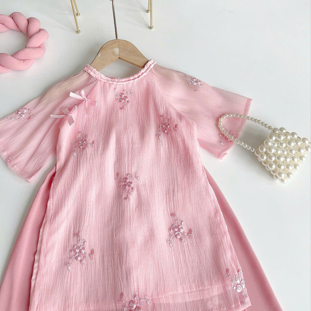 Pink Rose Áo Dài & Soft Khăn Mấn Set (NB–5Y) | Embroidered Organza Vietnamese Traditional Outfit | Tết & Cultural Celebration Wear