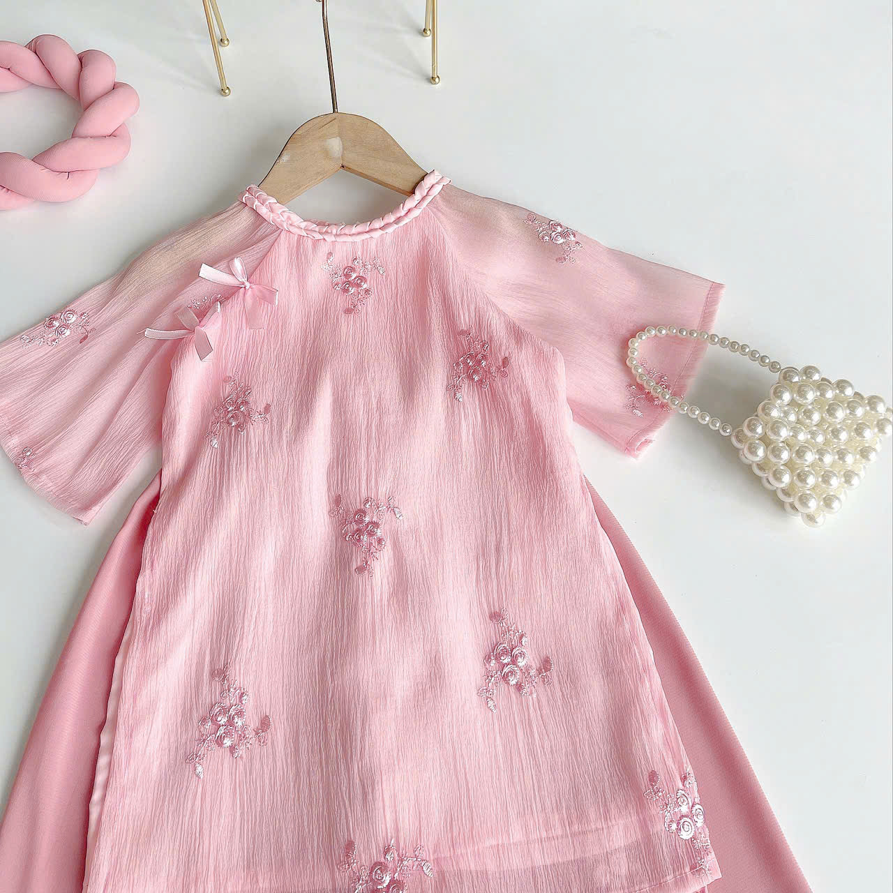 Pink Rose Áo Dài & Soft Khăn Mấn Set (NB–5Y) | Embroidered Organza Vietnamese Traditional Outfit | Tết & Cultural Celebration Wear