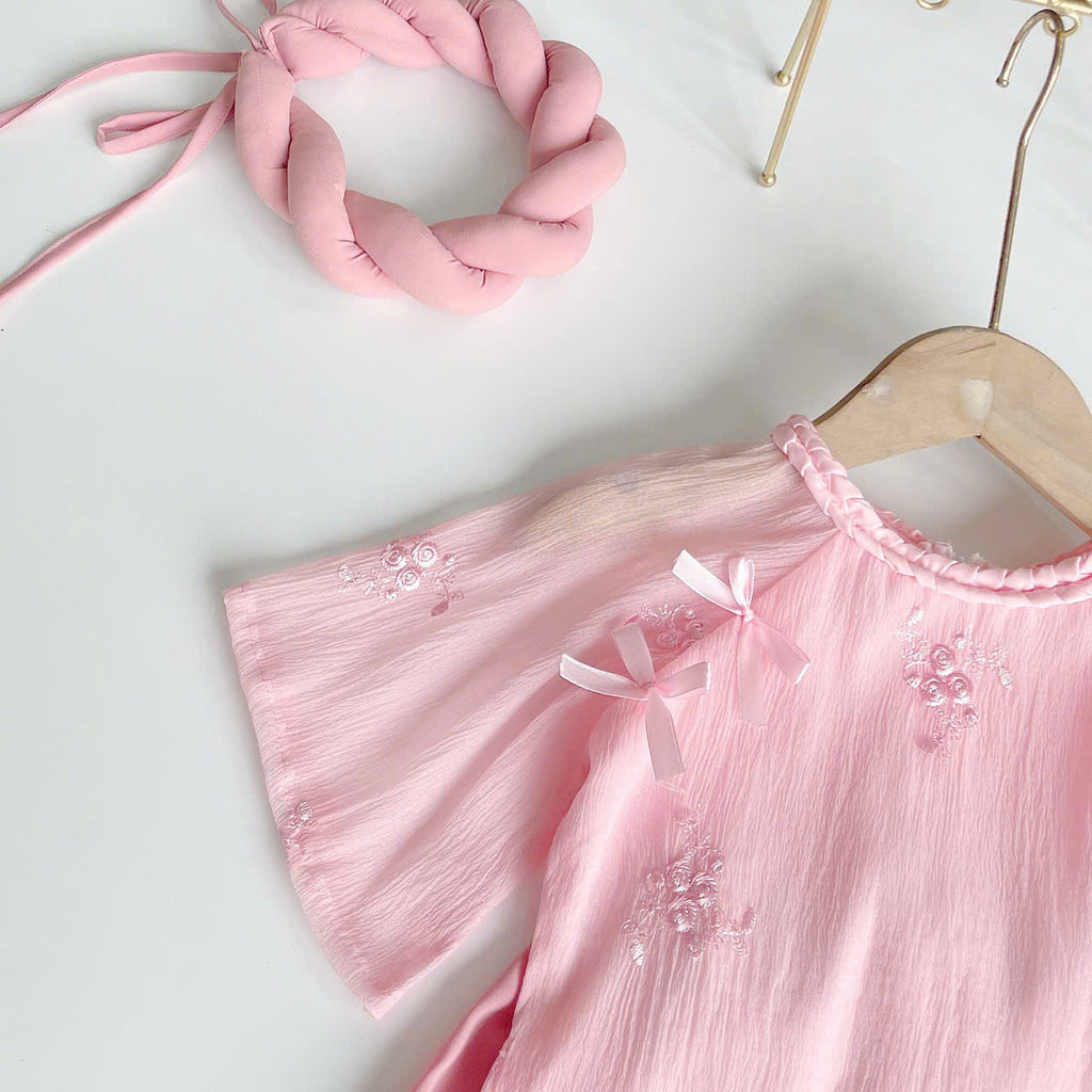 Pink Rose Áo Dài & Soft Khăn Mấn Set (NB–5Y) | Embroidered Organza Vietnamese Traditional Outfit | Tết & Cultural Celebration Wear