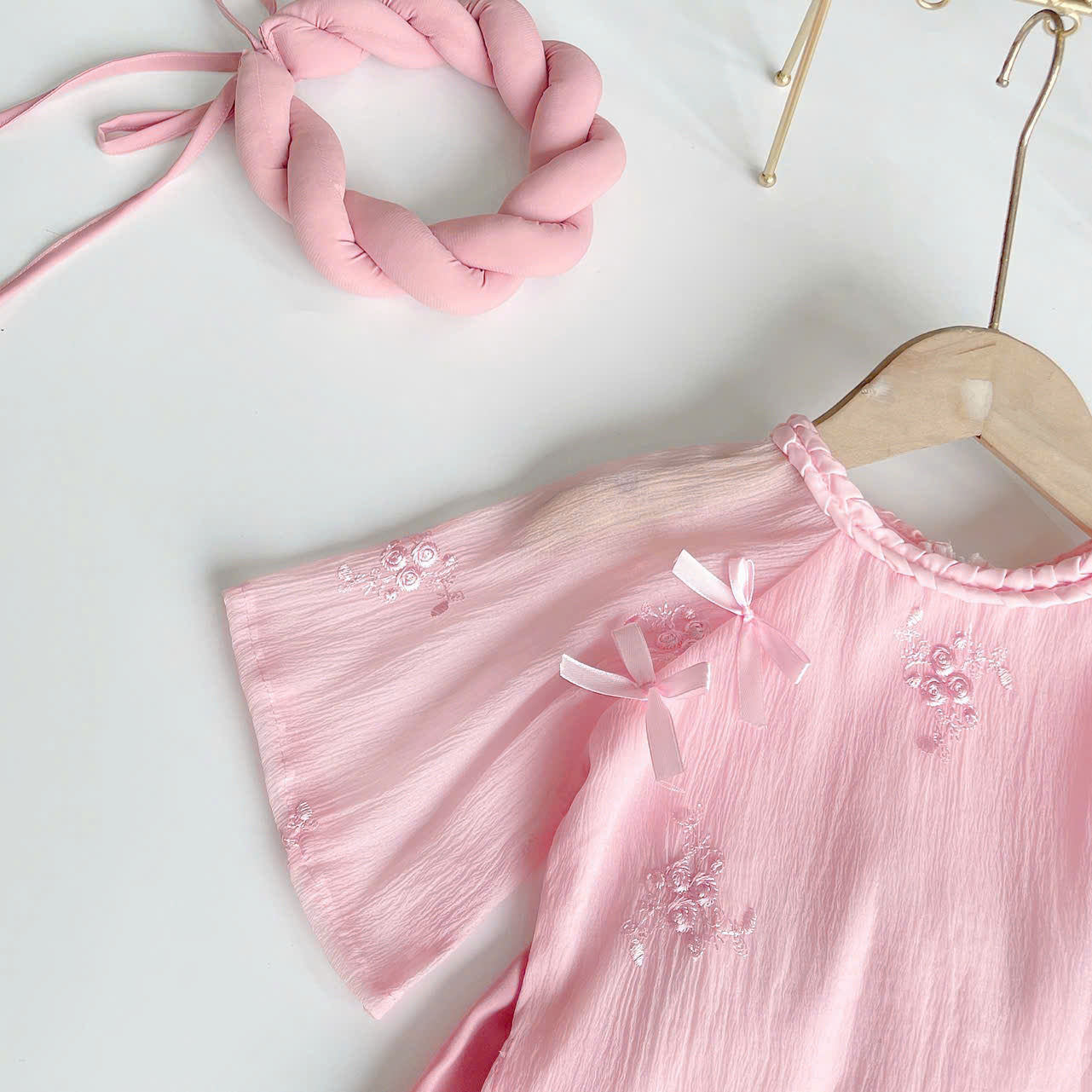 Pink Rose Áo Dài & Soft Khăn Mấn Set (NB–5Y) | Embroidered Organza Vietnamese Traditional Outfit | Tết & Cultural Celebration Wear
