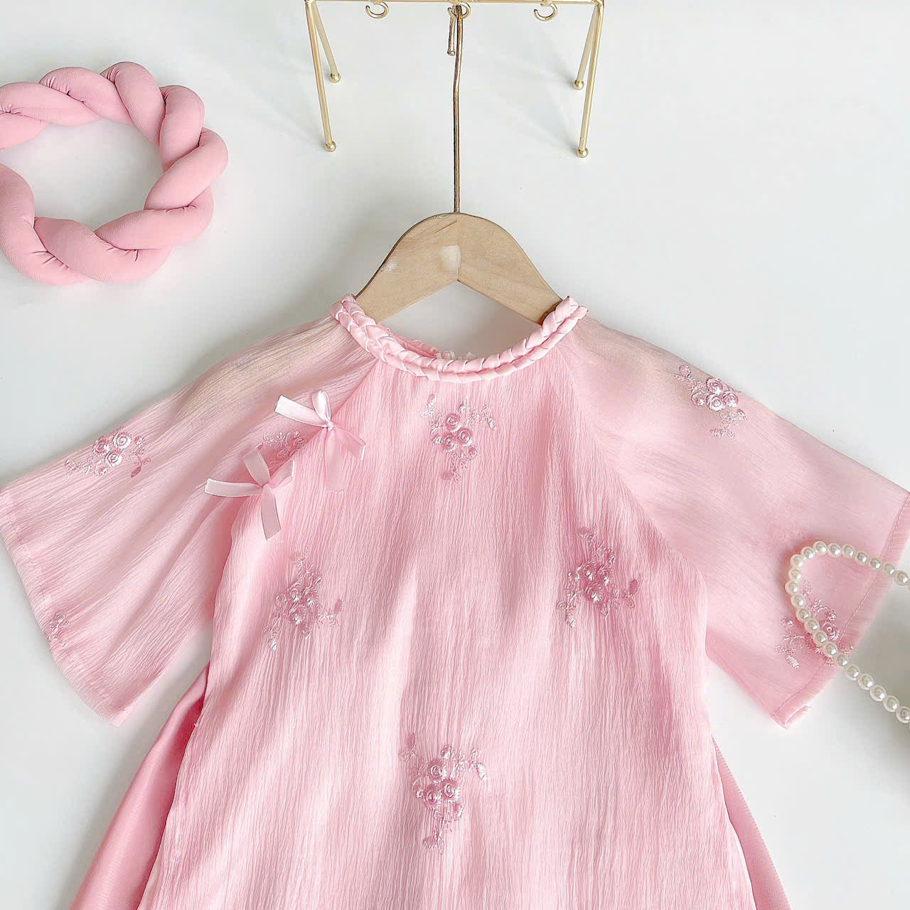 Pink Rose Áo Dài & Soft Khăn Mấn Set (NB–5Y) | Embroidered Organza Vietnamese Traditional Outfit | Tết & Cultural Celebration Wear