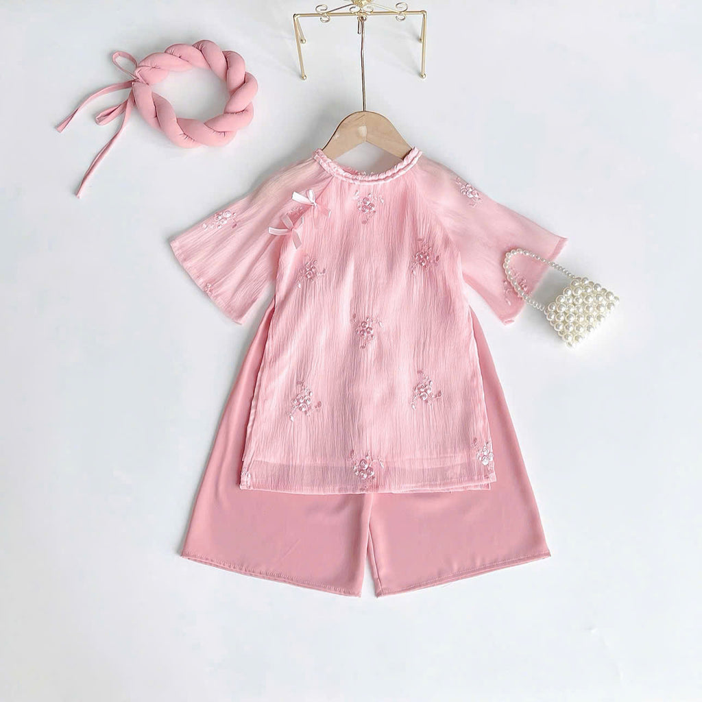 Pink Rose Áo Dài & Soft Khăn Mấn Set (NB–5Y) | Embroidered Organza Vietnamese Traditional Outfit | Tết & Cultural Celebration Wear