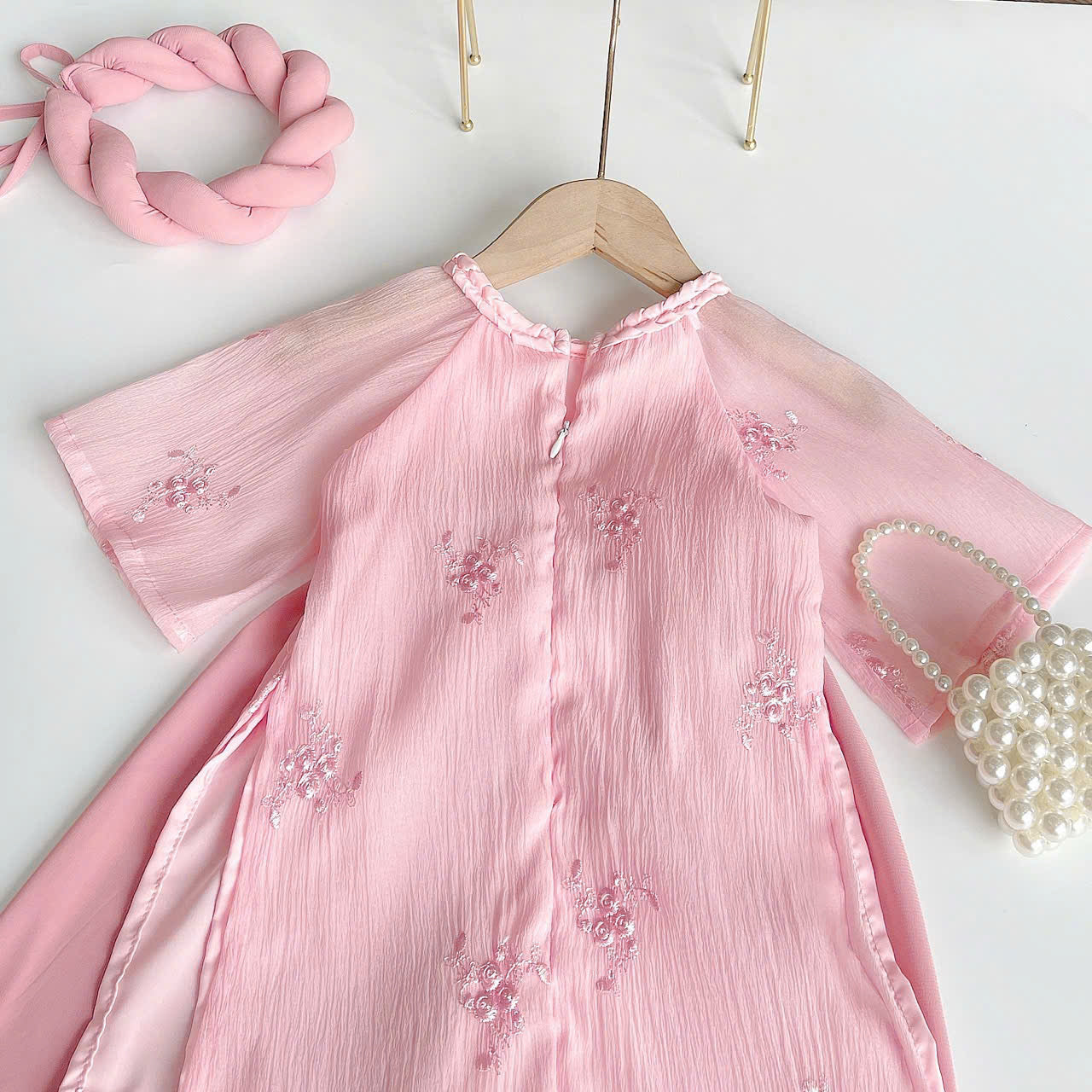 Pink Rose Áo Dài & Soft Khăn Mấn Set (NB–5Y) | Embroidered Organza Vietnamese Traditional Outfit | Tết & Cultural Celebration Wear
