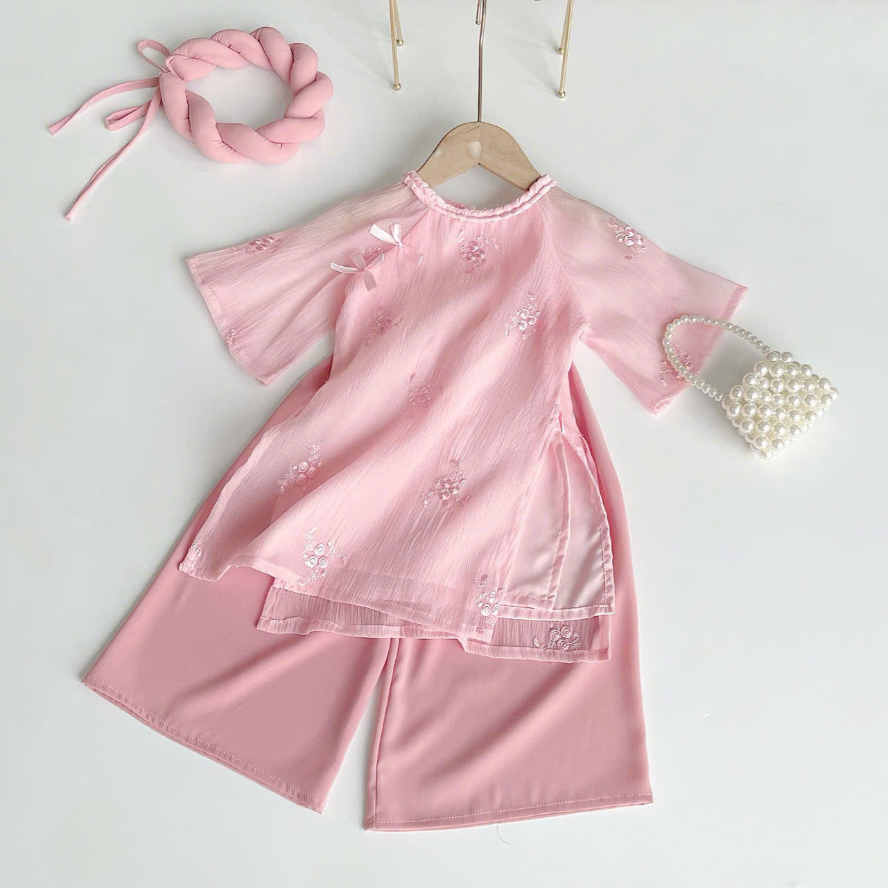 Pink Rose Áo Dài & Soft Khăn Mấn Set (NB–5Y) | Embroidered Organza Vietnamese Traditional Outfit | Tết & Cultural Celebration Wear