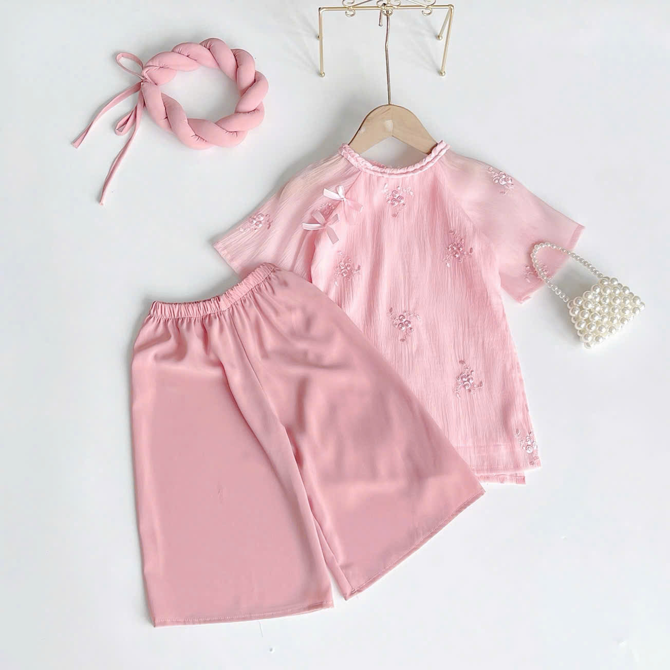 Pink Rose Áo Dài & Soft Khăn Mấn Set (NB–5Y) | Embroidered Organza Vietnamese Traditional Outfit | Tết & Cultural Celebration Wear