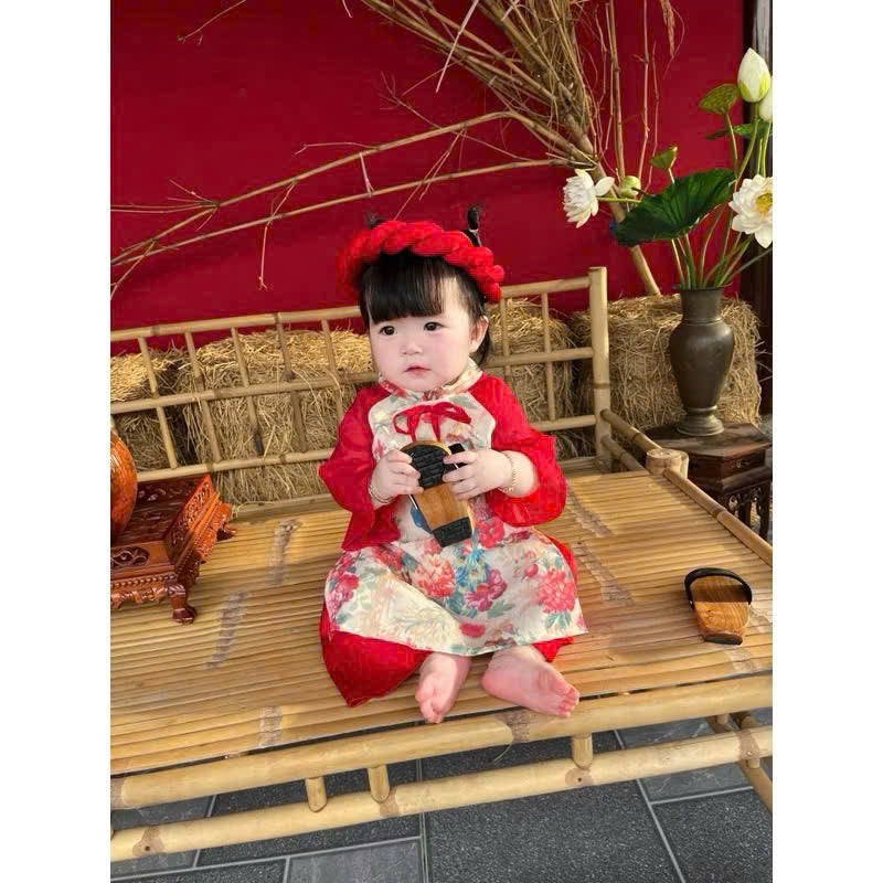 Red Peacock Blossom Áo Dài & Soft Khăn Mấn Set (NB–5Y) | Premium Silk Vietnamese Traditional Outfit | Tết & Festival Wear