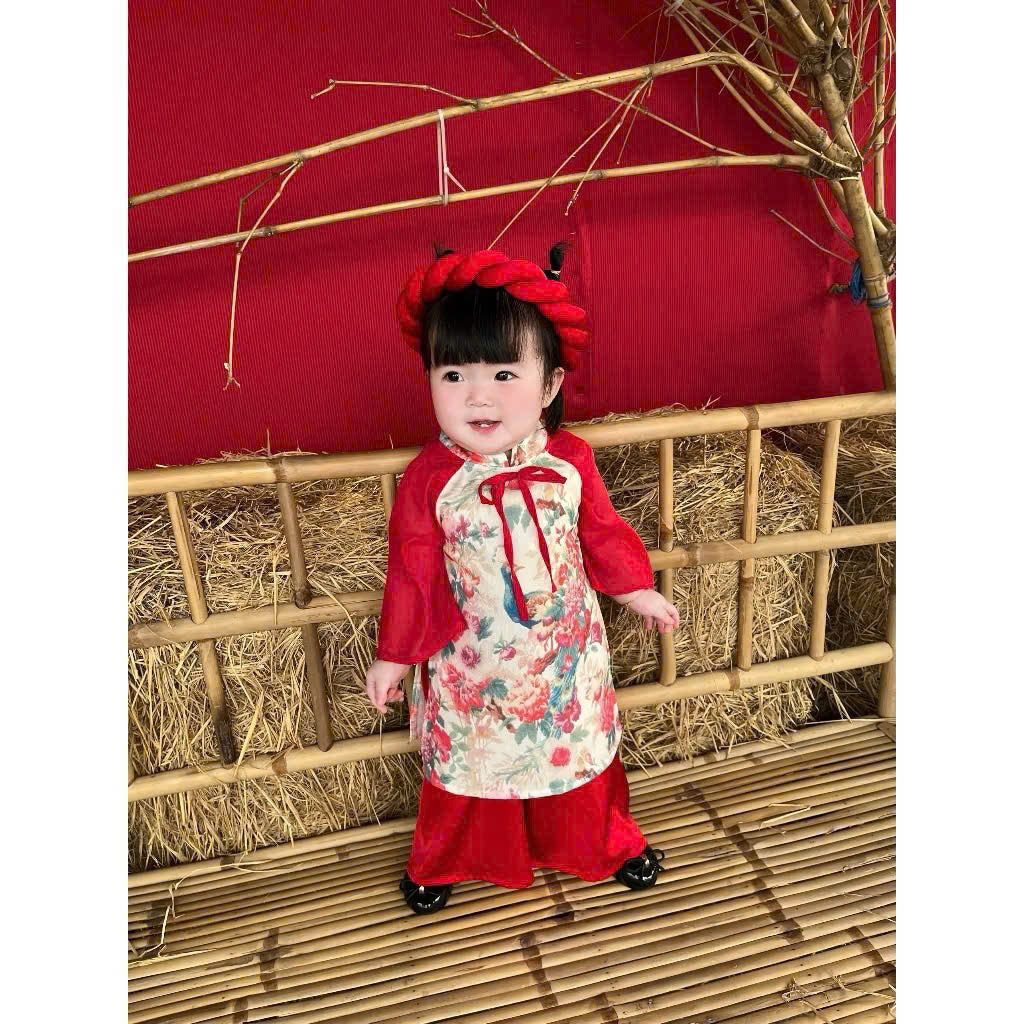 Red Peacock Blossom Áo Dài & Soft Khăn Mấn Set (NB–5Y) | Premium Silk Vietnamese Traditional Outfit | Tết & Festival Wear