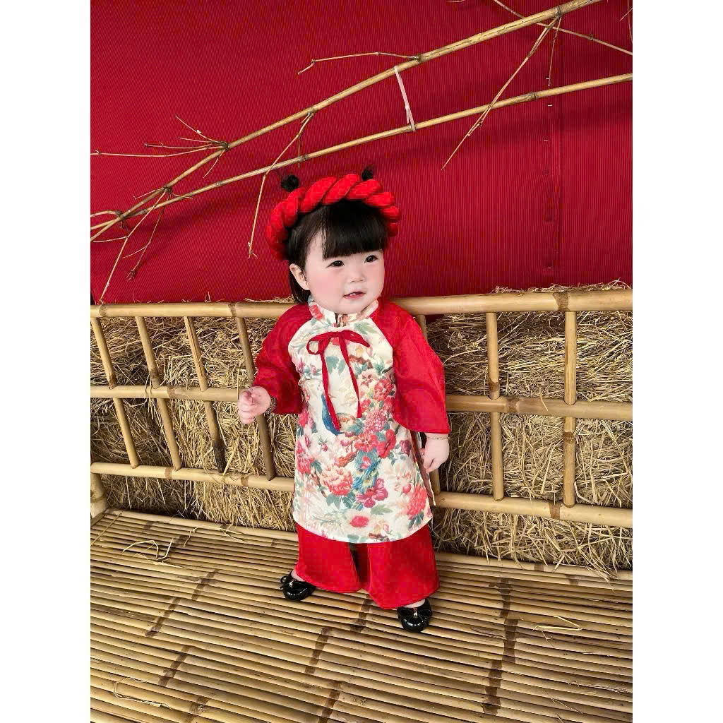 Red Peacock Blossom Áo Dài & Soft Khăn Mấn Set (NB–5Y) | Premium Silk Vietnamese Traditional Outfit | Tết & Festival Wear