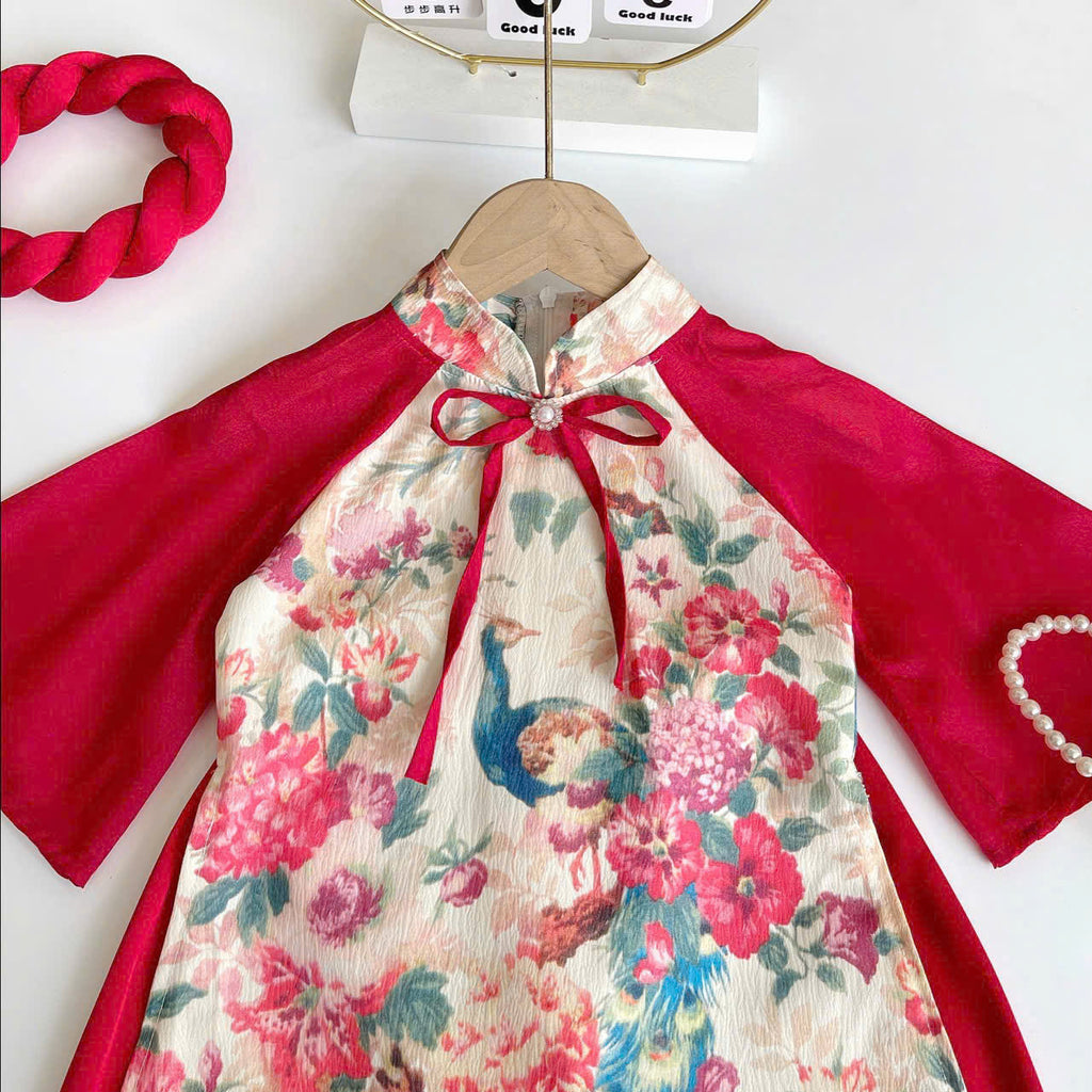 Red Peacock Blossom Áo Dài & Soft Khăn Mấn Set (NB–5Y) | Premium Silk Vietnamese Traditional Outfit | Tết & Festival Wear