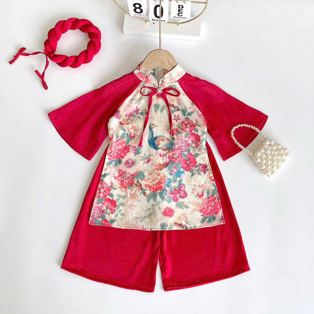 Red Peacock Blossom Áo Dài & Soft Khăn Mấn Set (NB–5Y) | Premium Silk Vietnamese Traditional Outfit | Tết & Festival Wear